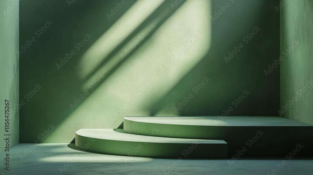 Angular green podium with a modern design, positioned on a matte green background Angular green podium with a modern design, positioned on a matte green background