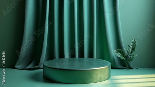 Circular green podium with a metallic finish on a soft emerald green background  photo