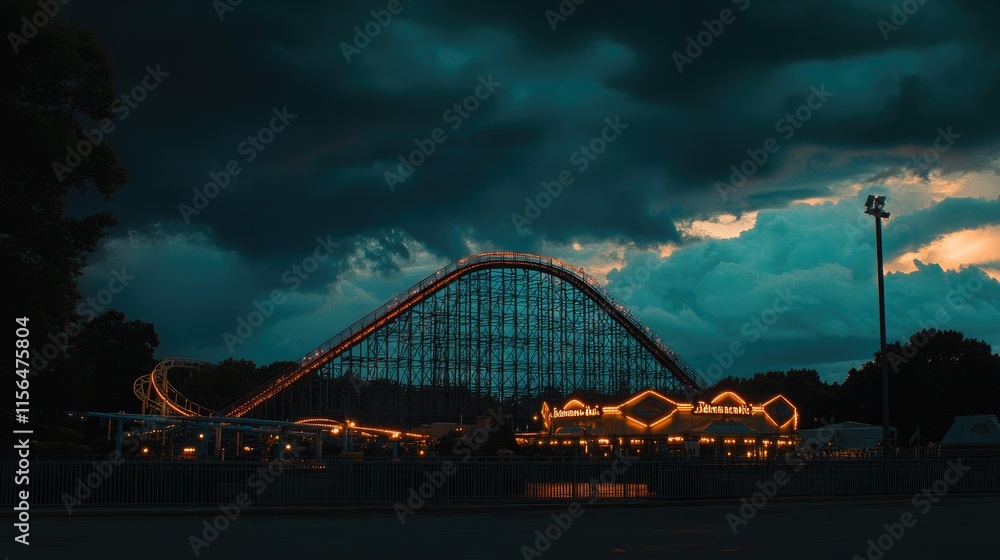 Obraz premium Illuminated Rollercoaster Underneath a Dramatic Sky