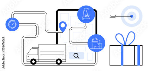 Delivery truck on route map with stopwatch, destination icons, target, and gift box. Ideal for logistics, supply chain, delivery tracking, shipping solutions, punctuality customer satisfaction