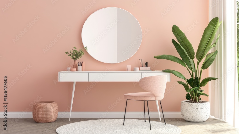 Stylish Vanity Setup With Pink Chair And Plant Stylish Vanity Setup With Pink Chair And Plant