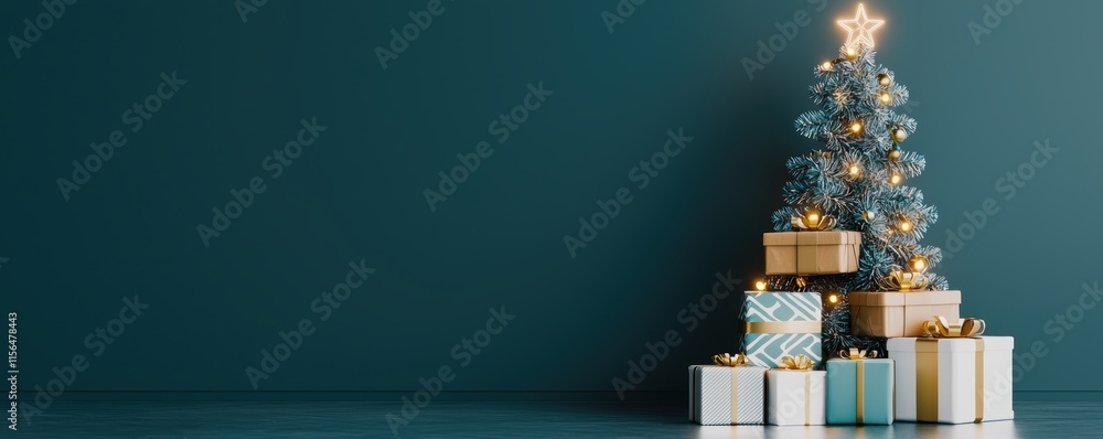 A festive Christmas tree adorned with ornaments and lights, surrounded by beautifully wrapped gifts against a dark blue backdrop. A festive Christmas tree adorned with ornaments and lights, surrounded by beautifully wrapped gifts against a dark blue backdrop.