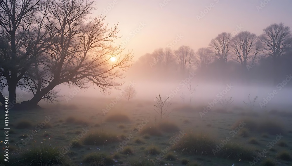 Obraz premium Misty sunrise landscape with bare trees and soft light