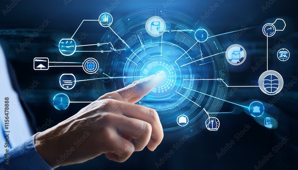 hand touches a digital network diagram with various technology icons. hand touches a digital network diagram with various technology icons.
