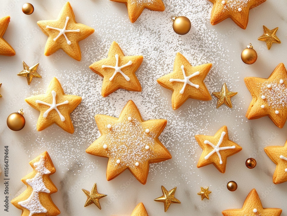 Festive star-shaped cookies adorned with icing and golden decorations scattered on a surface, perfect for holiday celebrations. Festive star-shaped cookies adorned with icing and golden decorations scattered on a surface, perfect for holiday celebrations.