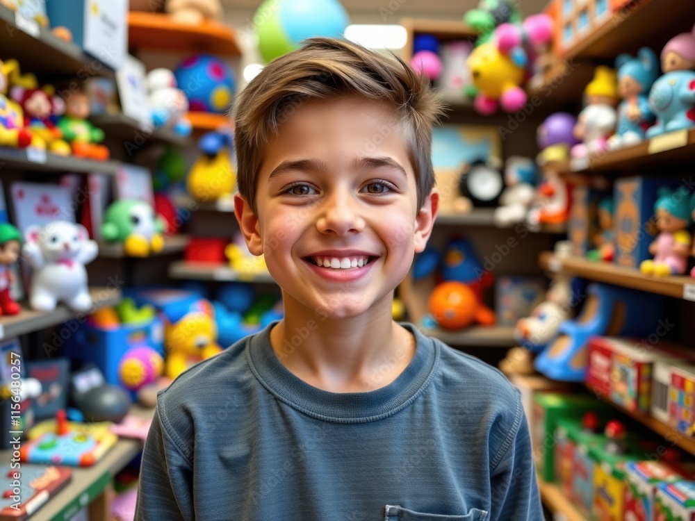Happy Boy Smiling in Toy Store Child Among Toys Kids Shopping Happy Boy Smiling in Toy Store Child Among Toys Kids Shopping