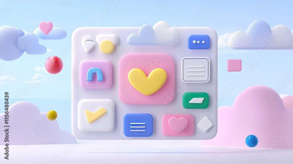 Pastel 3D app interface with hearts and clouds on a light blue background. Pastel 3D app interface with hearts and clouds on a light blue background.
