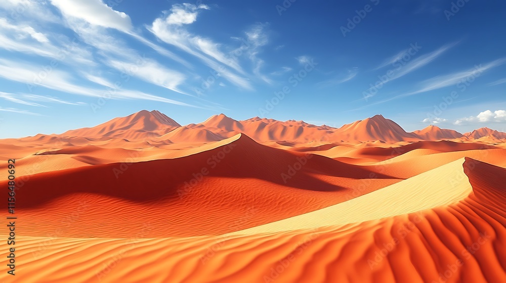 Naklejka premium Stunning Vibrant 3D Render: Sun-Drenched Desert Landscape at Daybreak. AI Generated