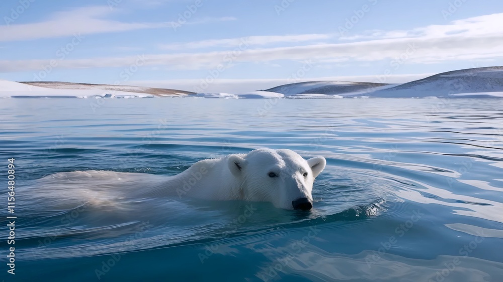 Naklejka premium Polar bear swimming in crystal-clear Arctic waters