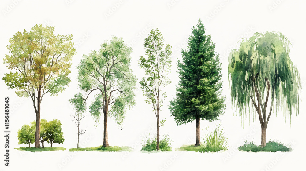 Obraz premium beautiful collection of tree sketches in watercolor