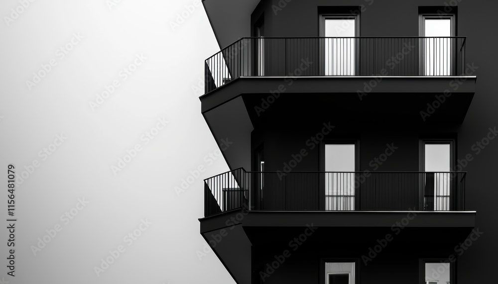A minimalist black and white building with angular balconies and large windows, contrasting with a plain, light background. A minimalist black and white building with angular balconies and large windows, contrasting with a plain, light background.