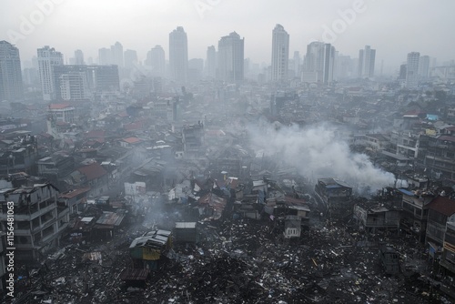 Air pollution in crowded city full of fog and smoke photo