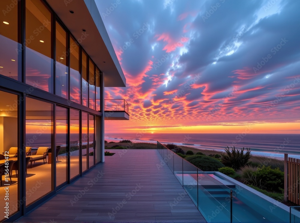 Fototapeta premium Stunning Ocean Sunset View from Modern Home Deck
