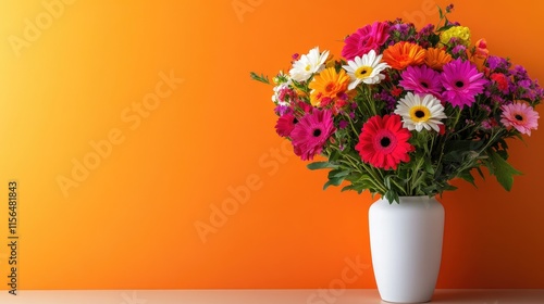 Wallpaper Mural Colorful Gerbera Daisies in White Vase Against Orange Background Torontodigital.ca
