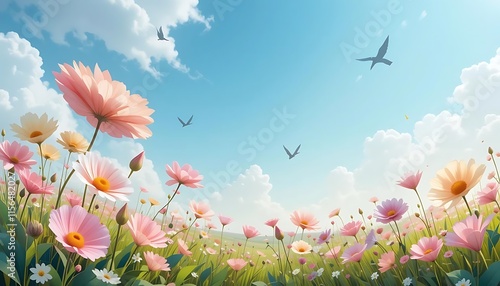 Fototapeta Naklejka Na Ścianę i Meble -  Pink cosmos flowers bloom in a sunny field with birds flying
