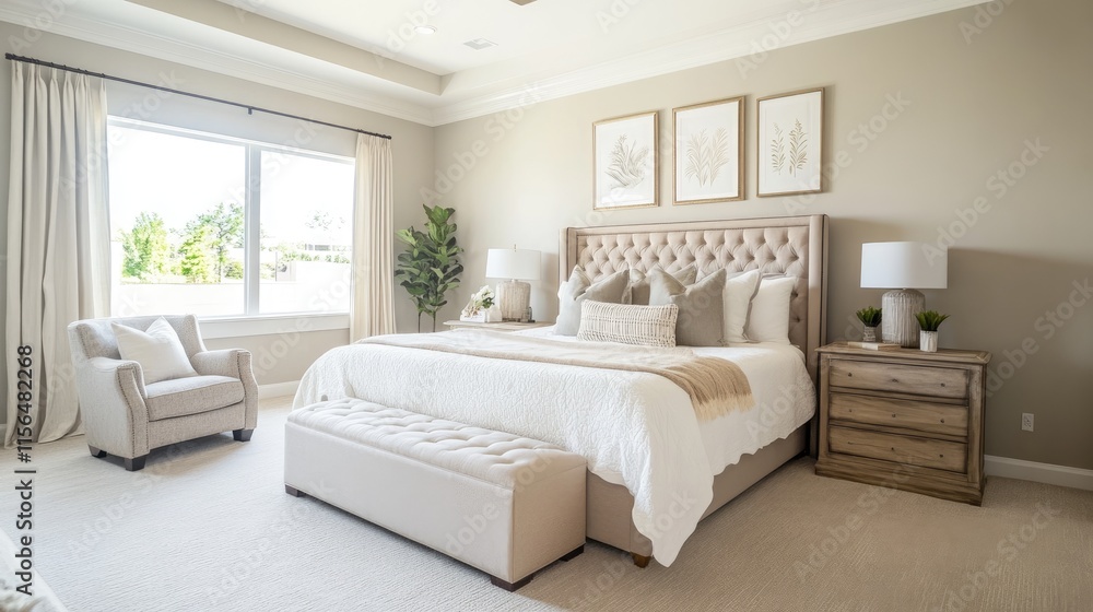 Fototapeta premium Serene Master Bedroom with Beige and White Decor