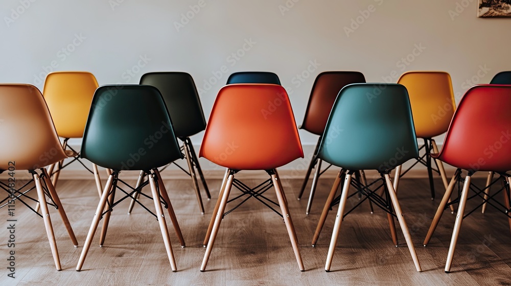 Obraz premium Colorful Chairs Arranged In A Row For A Meeting