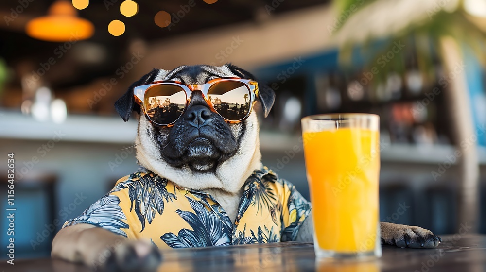 Obraz premium Cool Pug in Hawaiian Shirt Enjoying Orange Juice at a Cafe - Photo Close-up. AI Generated