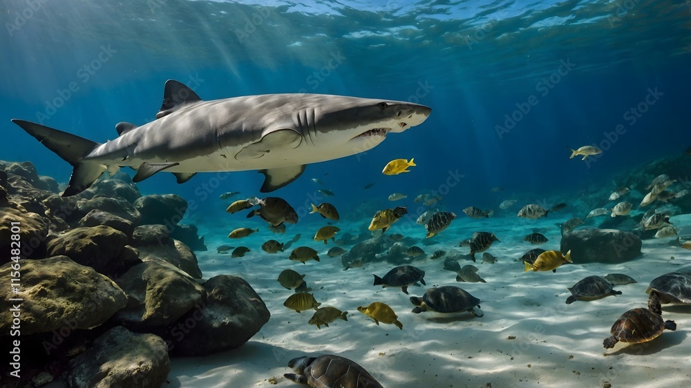 Obraz premium Northern River Shark and River Turtles: Coexisting in a Peaceful Freshwater Ecosystem