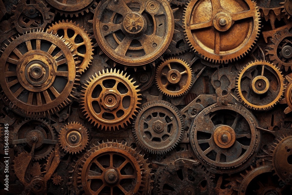Intricate and Chaotic Gears Arrangement Creating Mystery Steampunk-inspired gear wheels embedded Intricate and Chaotic Gears Arrangement Creating Mystery Steampunk-inspired gear wheels embedded