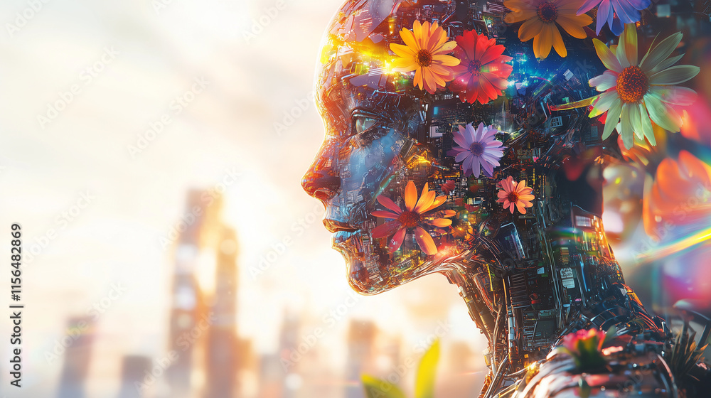 Fototapeta premium Cyborg with Floral Design in Sunset