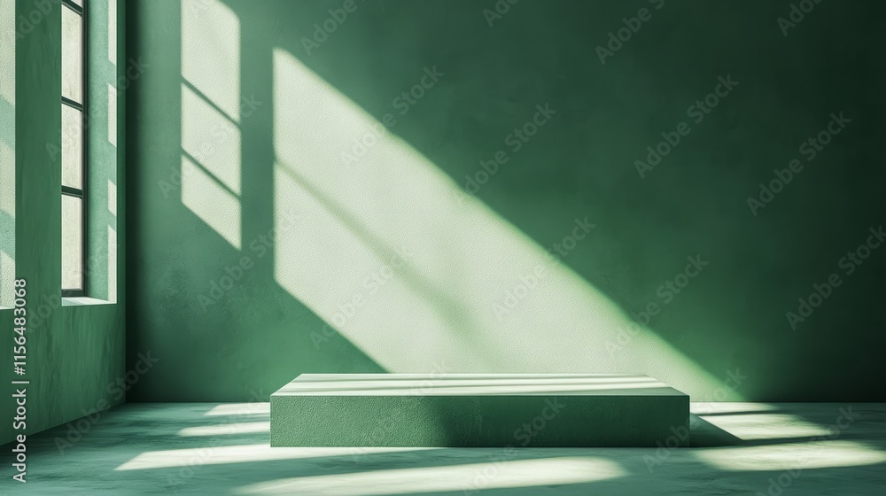 Green podium with a rectangular design, surrounded by a soft shadow on a monochrome green backdrop Green podium with a rectangular design, surrounded by a soft shadow on a monochrome green backdrop