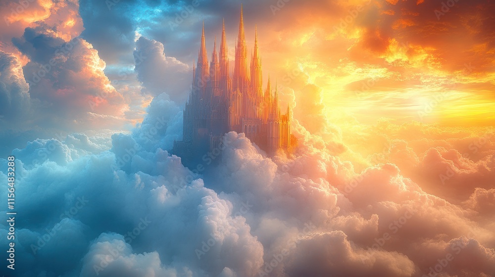 A majestic castle rises above vibrant clouds during a stunning sunset. A majestic castle rises above vibrant clouds during a stunning sunset.