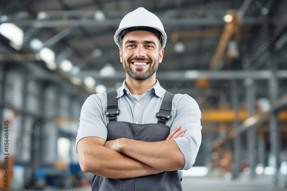 Smiling worker in uniform and helmet, arms crossed in an industrial warehouse, showcasing confidence and professionalism. Ai generative Smiling worker in uniform and helmet, arms crossed in an industrial warehouse, showcasing confidence and professionalism. Ai generative