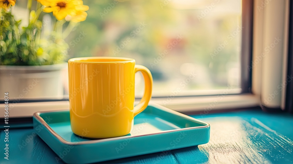 Yellow Mug Rests on Teal Tray Near Flowers Yellow Mug Rests on Teal Tray Near Flowers
