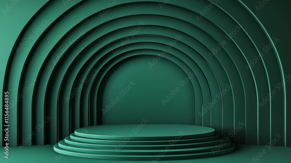 Obraz premium Minimalist layered green podium, geometric and modern, on a seamless green background 