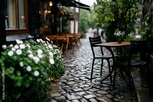 Rainy cobblestone street with outdoor seating and flowers.