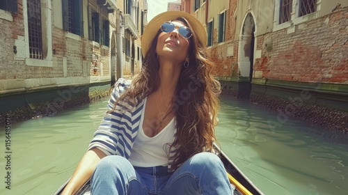 A woman enjoying a gondola ride in a picturesque canal in Venice.