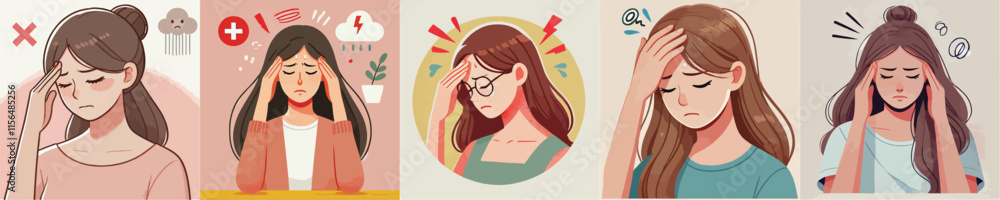 Collection of vector illustrations of someone who has a headache Collection of vector illustrations of someone who has a headache
