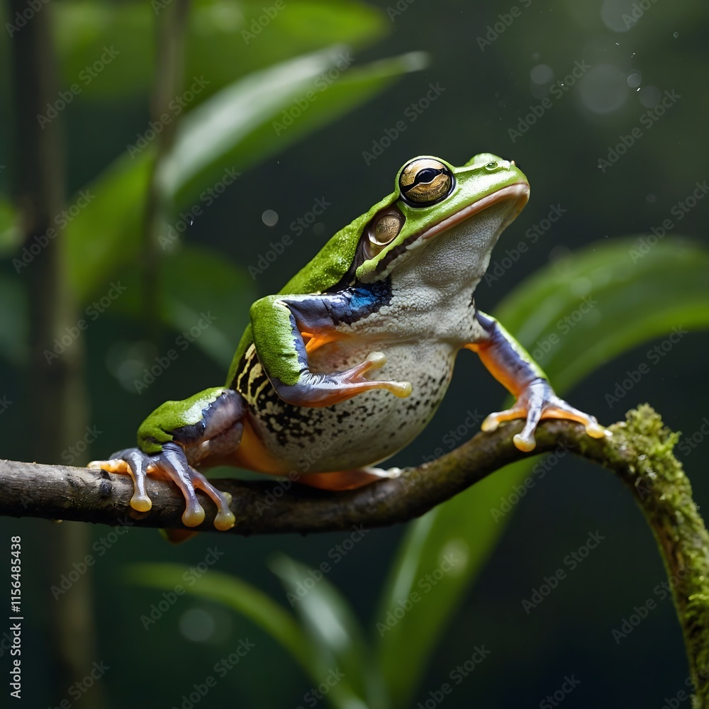 Fototapeta premium Spencer's River Tree Frog in Motion: Leaping Through the Lush Rainforest Canopy