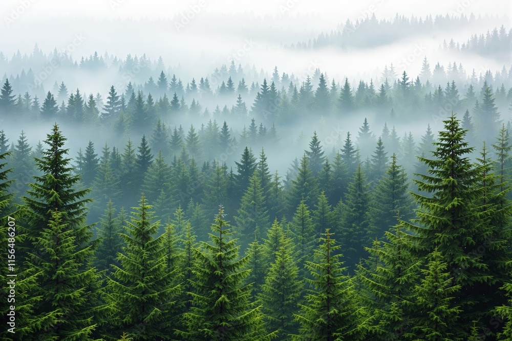 Lush coniferous forest with vibrant green trees, enveloped in mist. Atmospheric perspective creates a tranquil, natural ambiance. Ai generative Lush coniferous forest with vibrant green trees, enveloped in mist. Atmospheric perspective creates a tranquil, natural ambiance. Ai generative