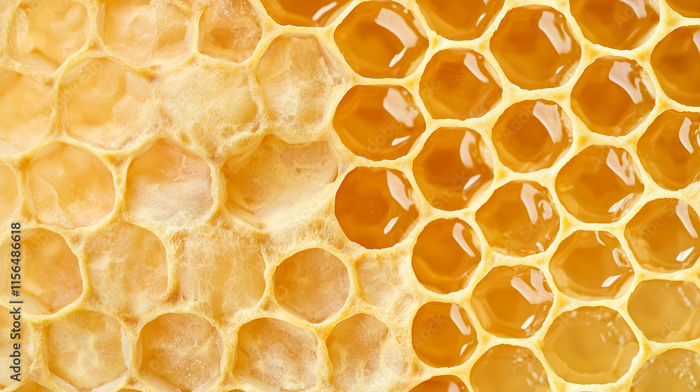 Golden Honeycomb: A close-up macro photograph of a golden honeycomb, showcasing the intricate hexagonal structure and glistening honey droplets. The image evokes a sense of natural beauty, sweetness. Golden Honeycomb: A close-up macro photograph of a golden honeycomb, showcasing the intricate hexagonal structure and glistening honey droplets. The image evokes a sense of natural beauty, sweetness.