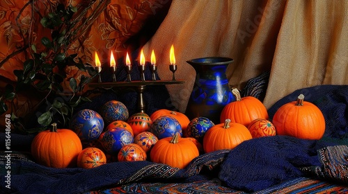 Still life featuring pumpkins, decorated eggs, a menorah with lit candles, and a blue vase. photo