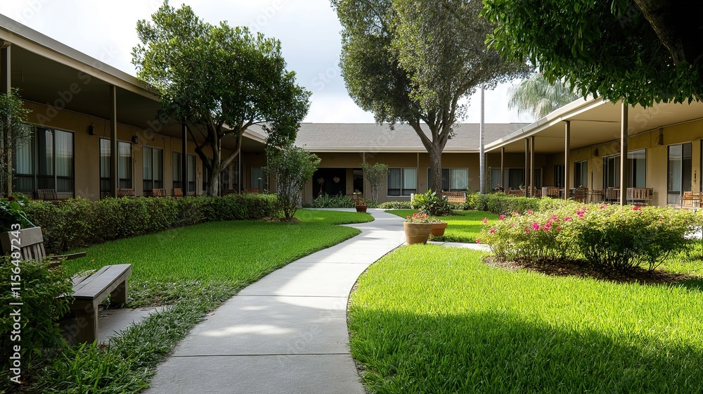 Fototapeta premium Senior care facility exterior with well-maintained garden and welcoming entrance. Emphasizing comfort and dignity in elderly living environments.