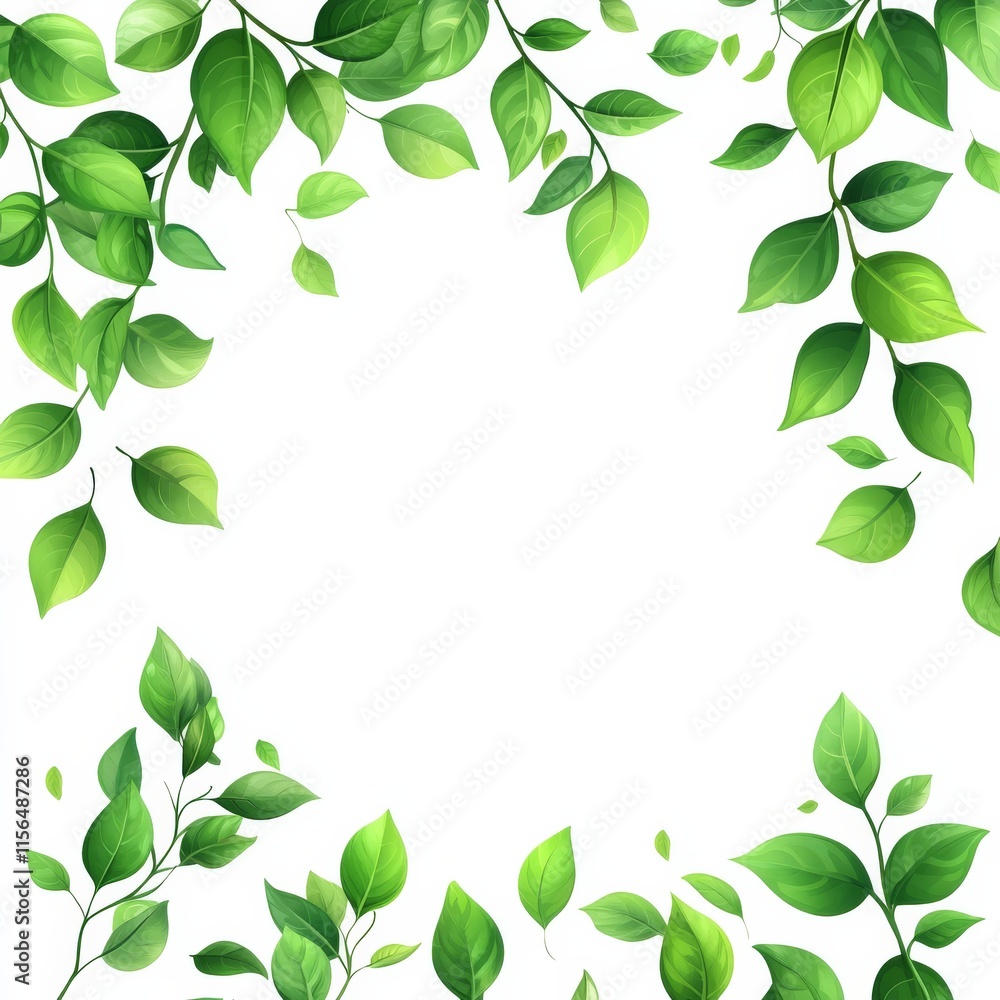 Green flying leaves on white banner. Wave foliage ornament. Vegan, eco, organic design element. Leaf falling. Cosmetic pattern border. Fresh tea background. Beauty product. Vector illustration. Green flying leaves on white banner. Wave foliage ornament. Vegan, eco, organic design element. Leaf falling. Cosmetic pattern border. Fresh tea background. Beauty product. Vector illustration.