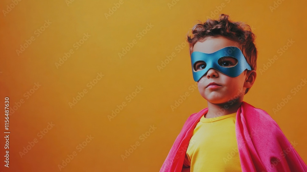 Child dressed as a superhero in colorful mask and cape with vibrant background and blank space for adding custom text or message Child dressed as a superhero in colorful mask and cape with vibrant background and blank space for adding custom text or message