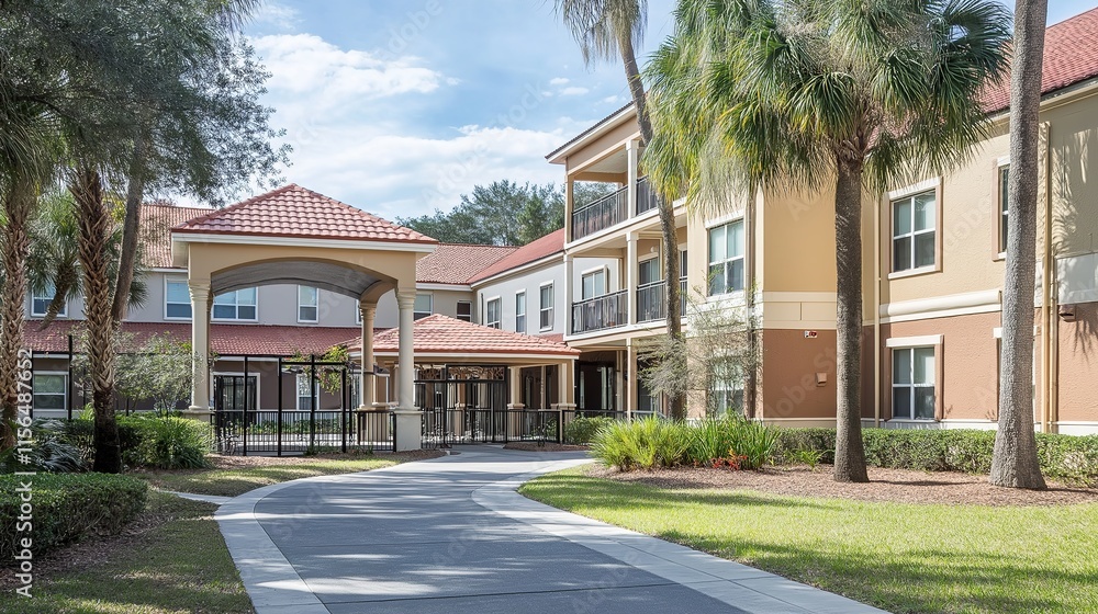 Senior care facility exterior with well-maintained garden and welcoming entrance. Emphasizing comfort and dignity in elderly living environments. Senior care facility exterior with well-maintained garden and welcoming entrance. Emphasizing comfort and dignity in elderly living environments.