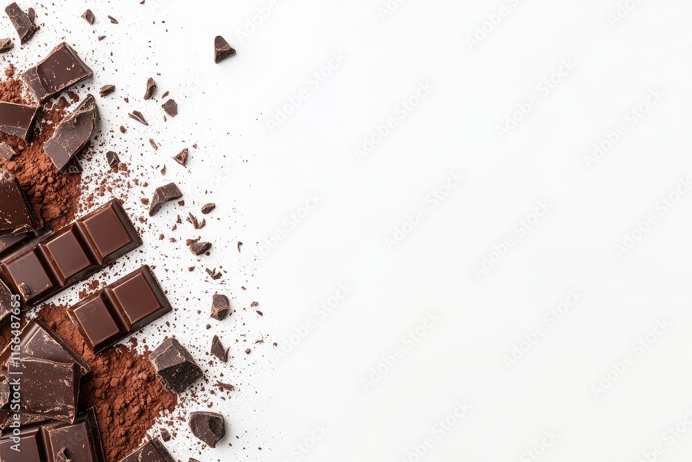 Fototapeta premium Chocolate bars and cocoa powder are scattered on the background