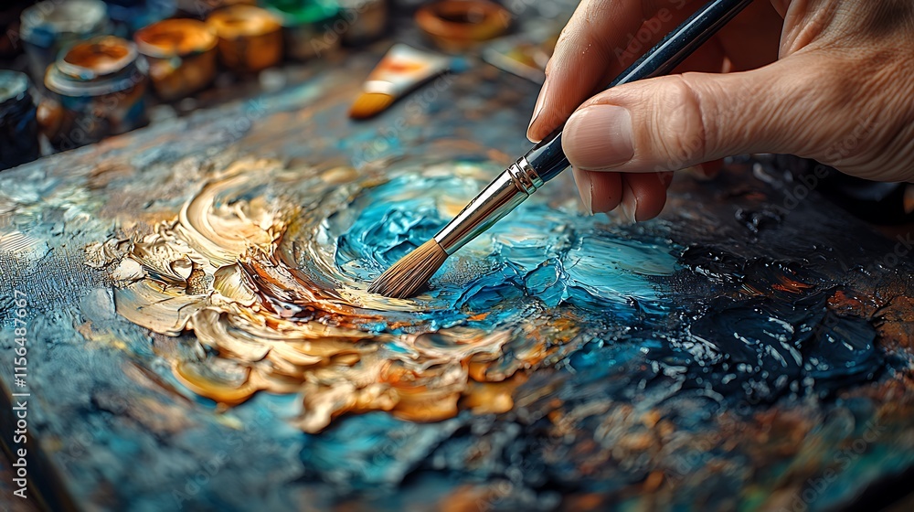 Obraz premium Artist Hand Mixing Oil Paints On Palette