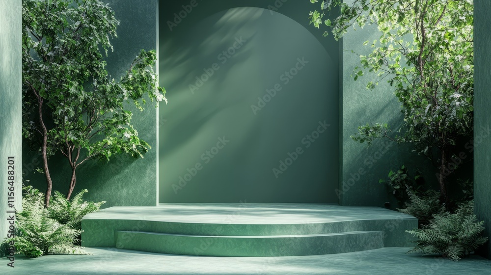 Single-level green podium with a minimalist design, set against a forest green background Single-level green podium with a minimalist design, set against a forest green background