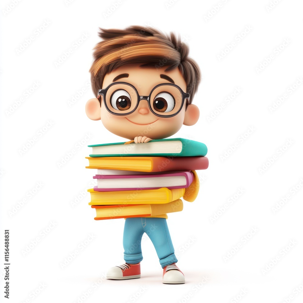 A cheerful boy with glasses and a stack of books. vector style art 3d illustration Isolated on White Background A cheerful boy with glasses and a stack of books. vector style art 3d illustration Isolated on White Background