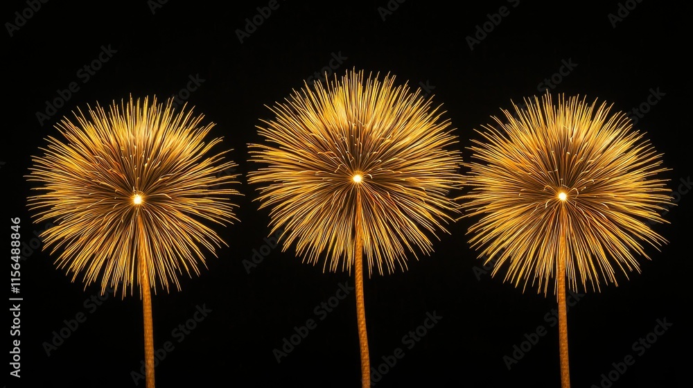 Three golden fireworks bursts against a black background. Three golden fireworks bursts against a black background.