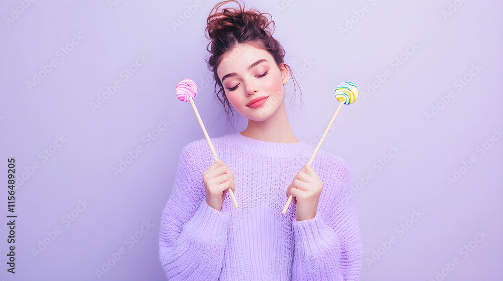 Casual Elegance: Woman Crosses Lollipops in Whimsical Display Against Pastel Lavender Backdrop Casual Elegance: Woman Crosses Lollipops in Whimsical Display Against Pastel Lavender Backdrop