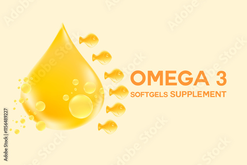 Cute glowing 3D omega 3 fish oil golden drop gel capsules in a shape of fish gummies. Healthy vitamin D3, ocean krill oil DHA, EPA supplement vector illustration.