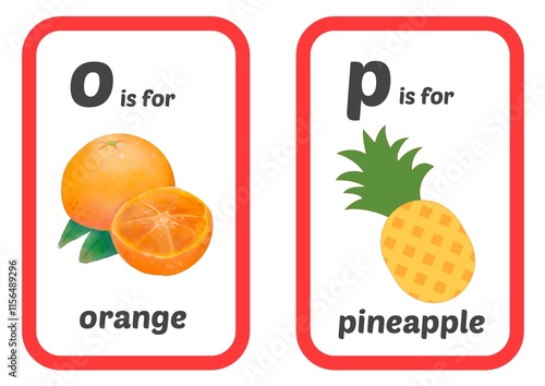 ABC Flash Cards. Letters, words and images. Educational Alphabet Cards for children. Alphabet flashcards to make it easier for children to learn to recognize letters. Letters O and P.  photo