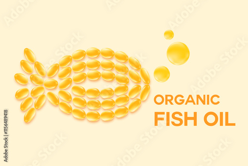 Cute 3D omega 3 fish oil soft gel capsules in a shape of fish illustration. Yellow gradient wallpaper for healthy nutrition vitamin D3, ocean krill oil DHA, EPA supplements background.